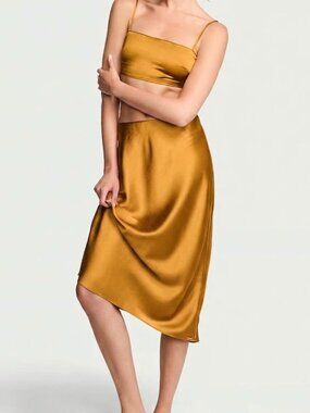 New Victoria's Secret Gold Luxe Satin Crop Bandeau Top & Slip Skirt Set